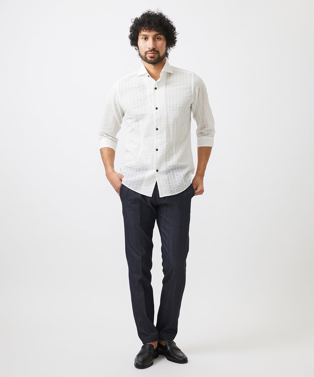 MNBGC67230 MICHEL KLEIN HOMME(ミッシェルクラン オム) リップルストライプ七分袖シャツ ホワイト