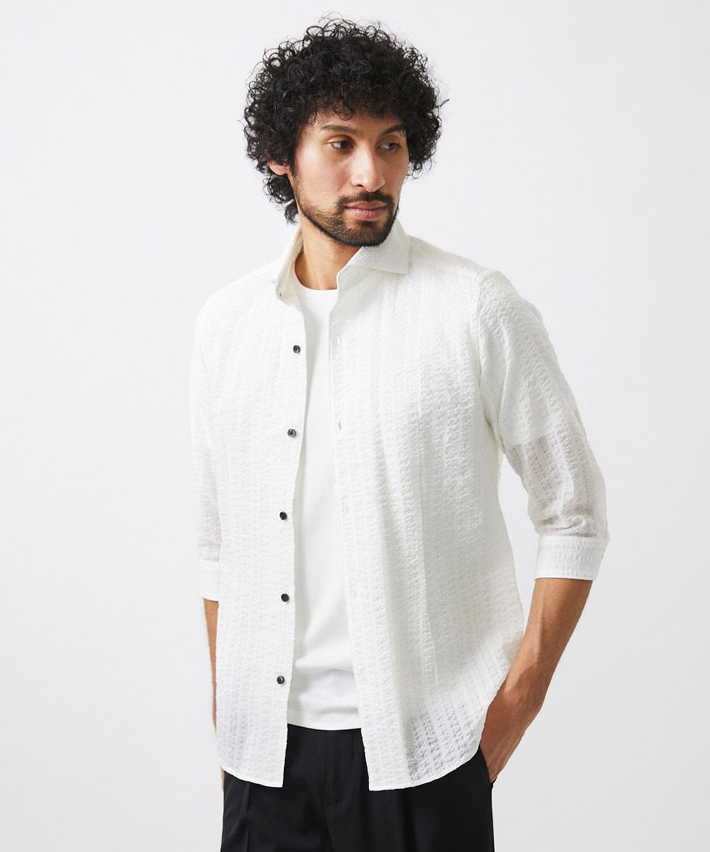 MNBGC67230 MICHEL KLEIN HOMME(ミッシェルクラン オム) リップルストライプ七分袖シャツ ホワイト