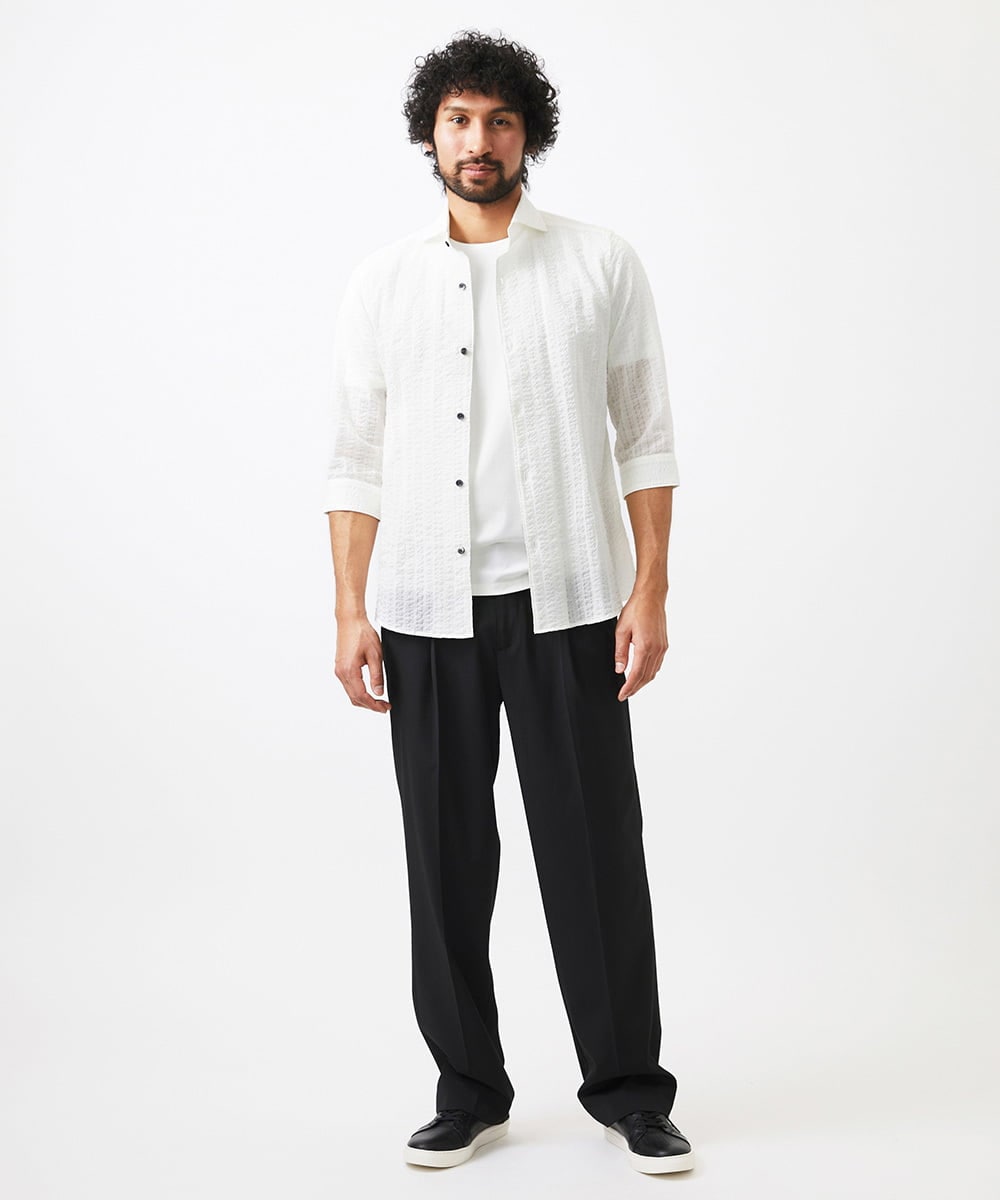 MNBGC67230 MICHEL KLEIN HOMME(ミッシェルクラン オム) リップルストライプ七分袖シャツ ホワイト