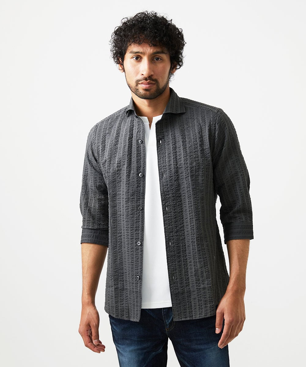 MNBGC67230 MICHEL KLEIN HOMME(ミッシェルクラン オム) リップルストライプ七分袖シャツ ダークグレー