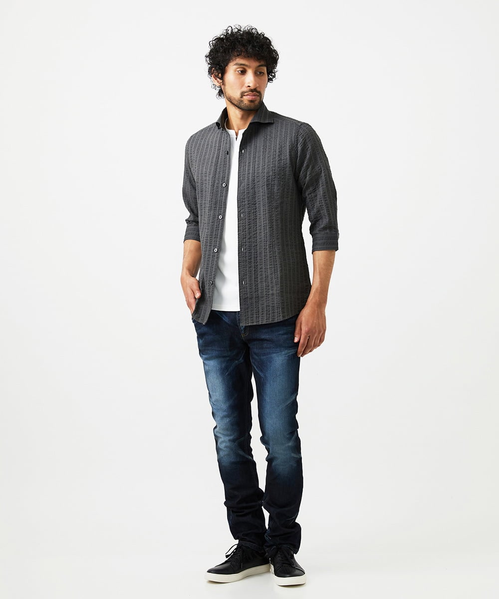 MNBGC67230 MICHEL KLEIN HOMME(ミッシェルクラン オム) リップルストライプ七分袖シャツ ダークグレー