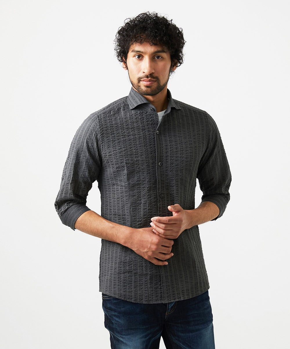 MNBGC67230 MICHEL KLEIN HOMME(ミッシェルクラン オム) リップルストライプ七分袖シャツ ダークグレー