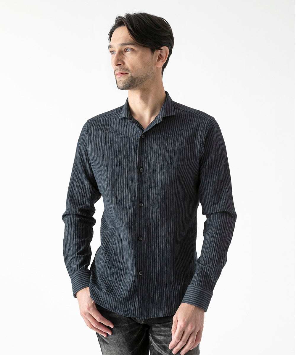 MNBGD52250 MICHEL KLEIN HOMME(ミッシェルクラン オム) ジャージストライプ長袖シャツ ネイビー