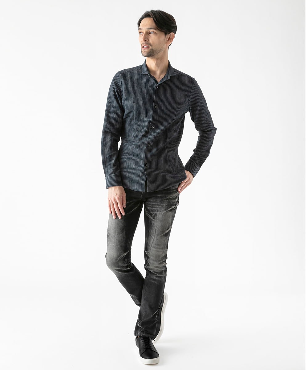 MNBGD52250 MICHEL KLEIN HOMME(ミッシェルクラン オム) ジャージストライプ長袖シャツ ネイビー