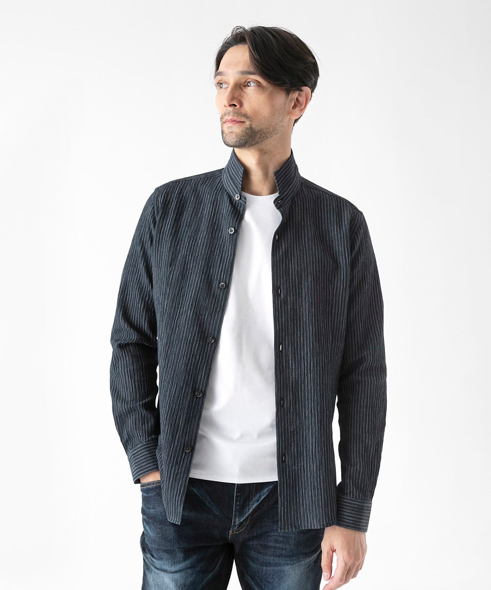 MNBGD52250 MICHEL KLEIN HOMME(ミッシェルクラン オム) ジャージストライプ長袖シャツ ネイビー