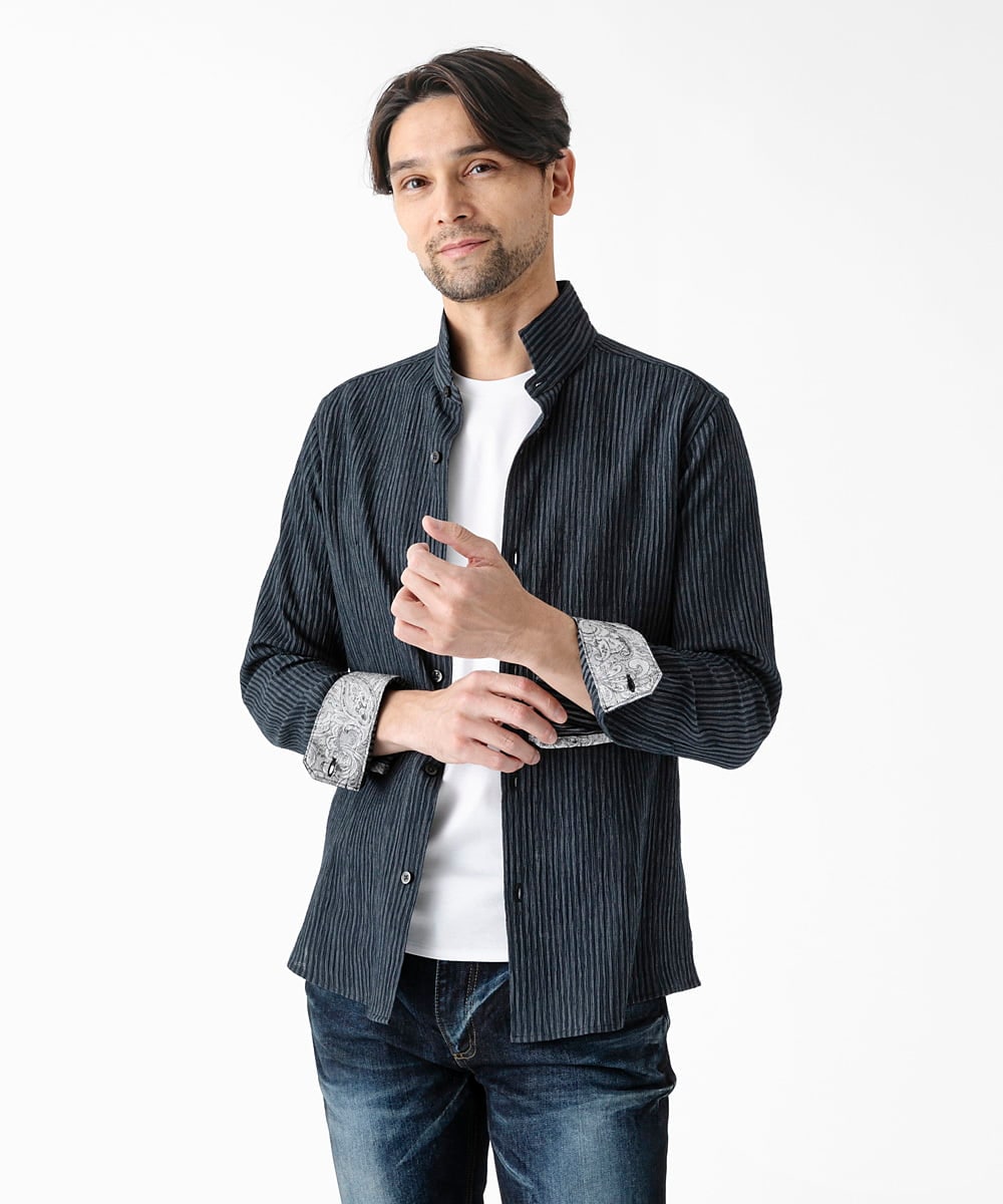 MNBGD52250 MICHEL KLEIN HOMME(ミッシェルクラン オム) ジャージストライプ長袖シャツ ネイビー