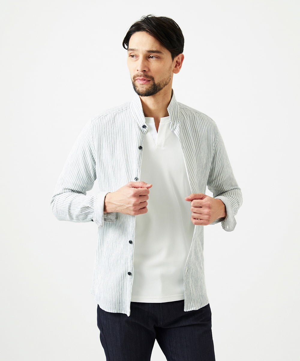 MNBGD52250 MICHEL KLEIN HOMME(ミッシェルクラン オム) ジャージストライプ長袖シャツ ホワイト