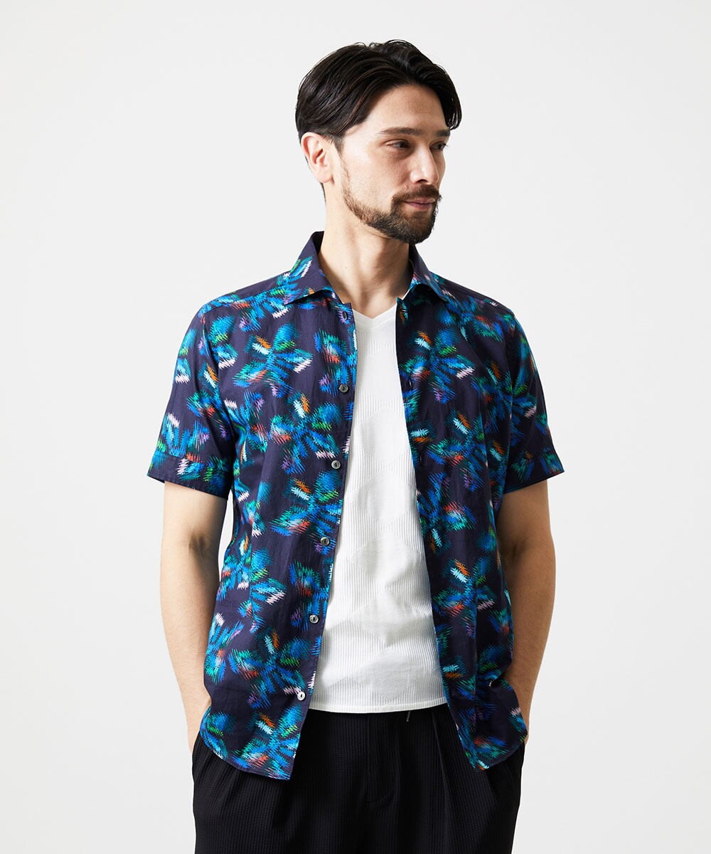 MNBGD58270 MICHEL KLEIN HOMME(ミッシェルクラン オム) 《日本製》総柄半袖シャツ ネイビー