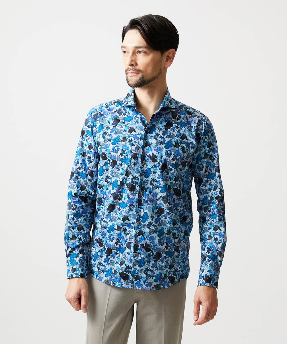 MNBGD60290 MICHEL KLEIN HOMME(ミッシェルクラン オム) 《日本製》総柄長袖シャツ ブルー