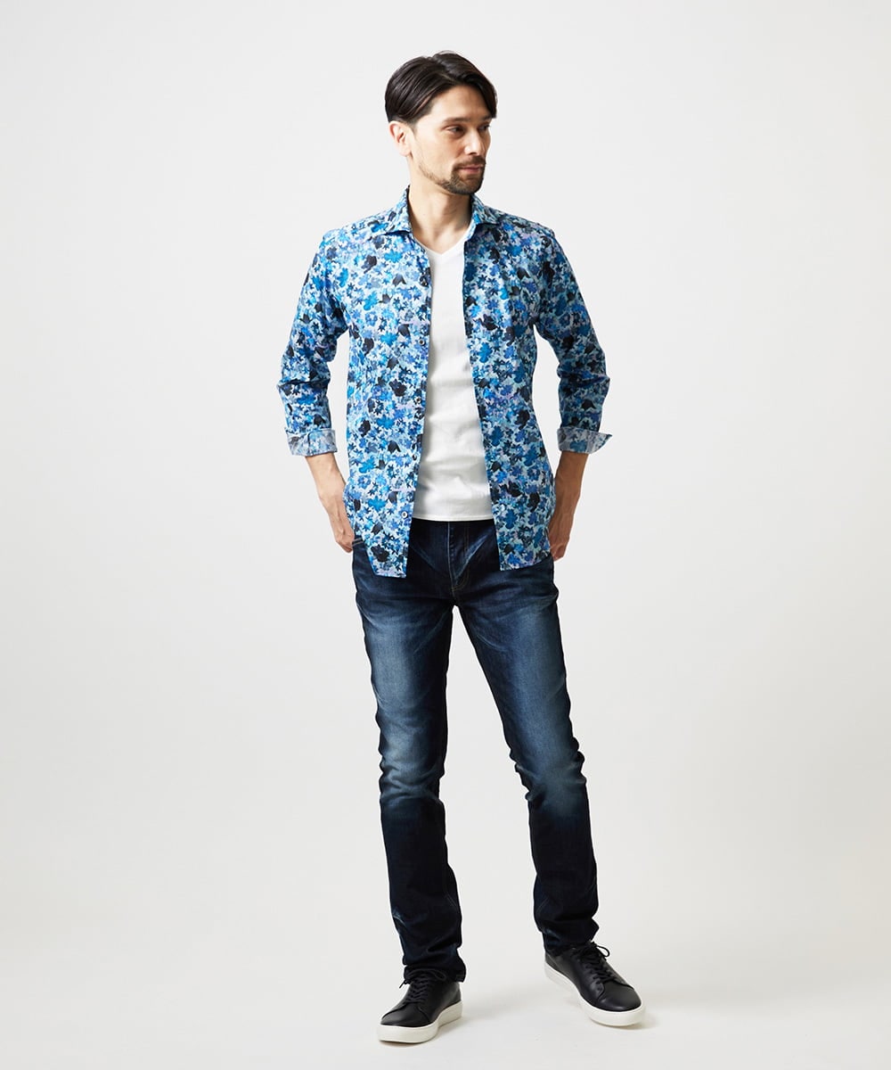 MNBGD60290 MICHEL KLEIN HOMME(ミッシェルクラン オム) 《日本製》総柄長袖シャツ ブルー