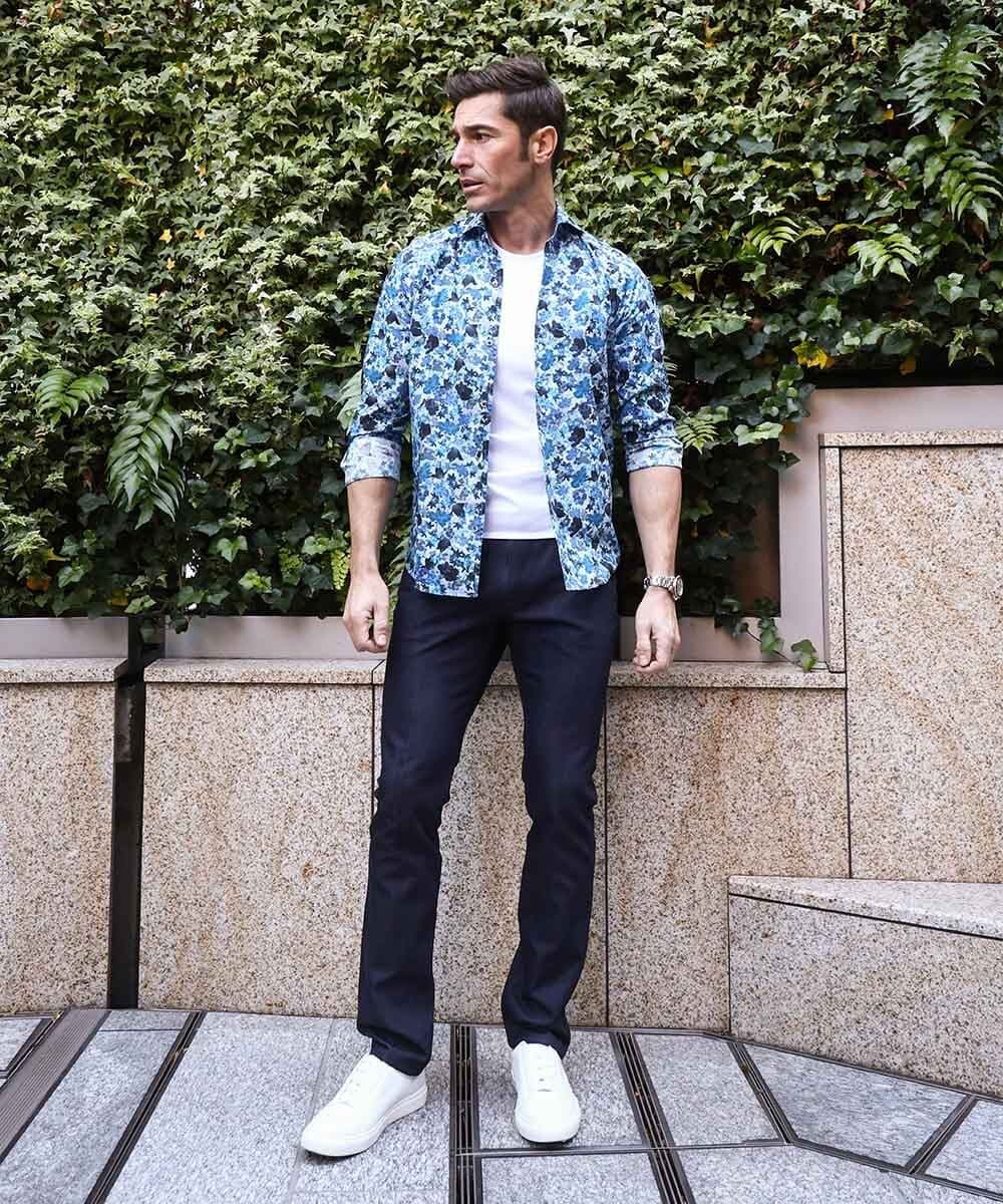 MNBGD60290 MICHEL KLEIN HOMME(ミッシェルクラン オム) 《日本製》総柄長袖シャツ ブルー