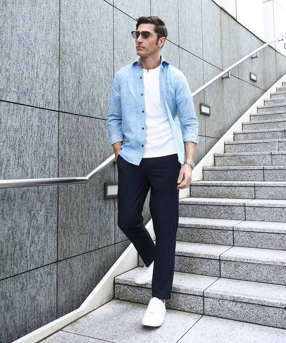 MNBGF53230 MICHEL KLEIN HOMME(ミッシェルクラン オム) コットンウェーブ長袖シャツ ライトブルー