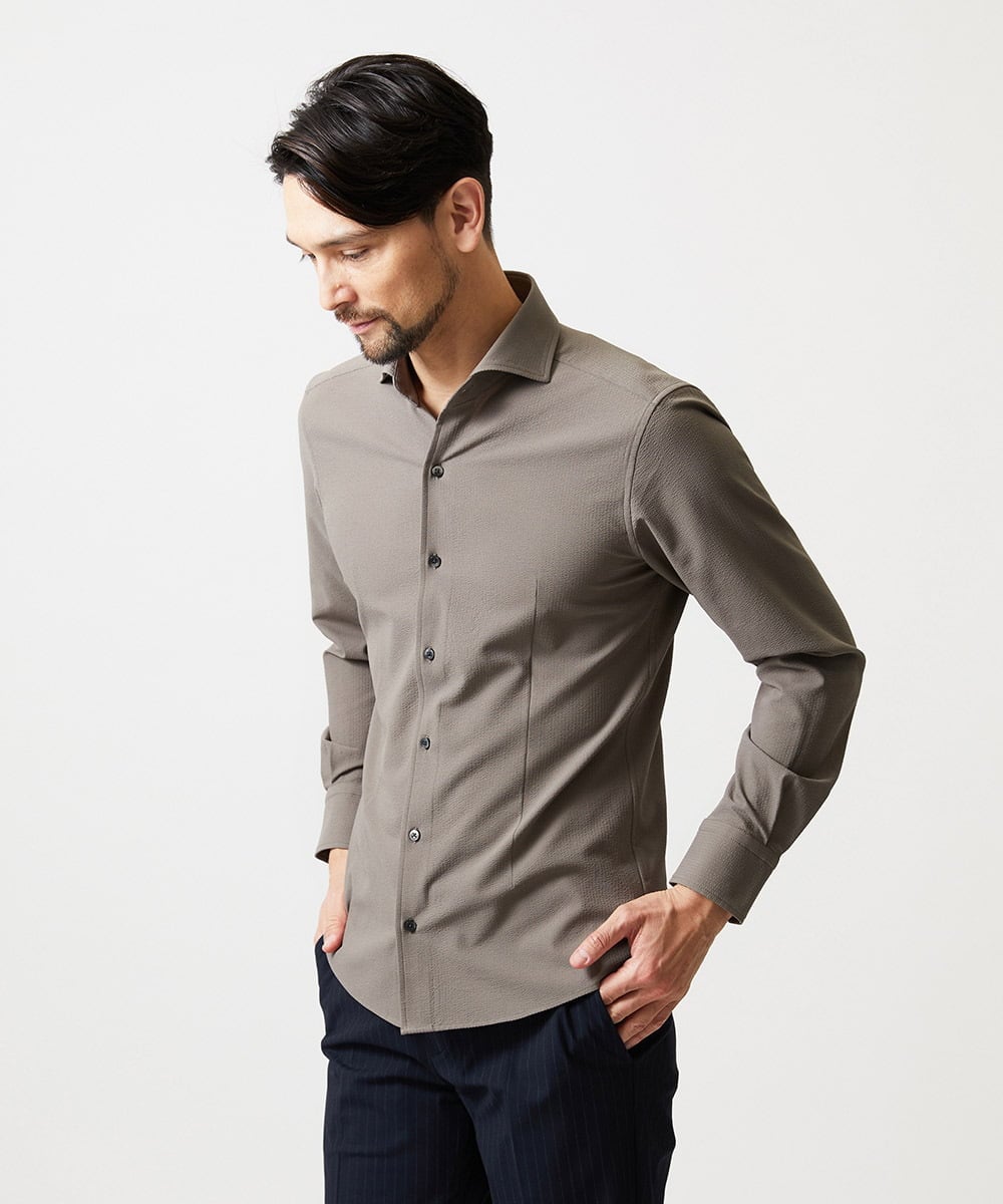 MNBGF56210 MICHEL KLEIN HOMME(ミッシェルクラン オム) ストレッチサッカー長袖シャツ ベージュ