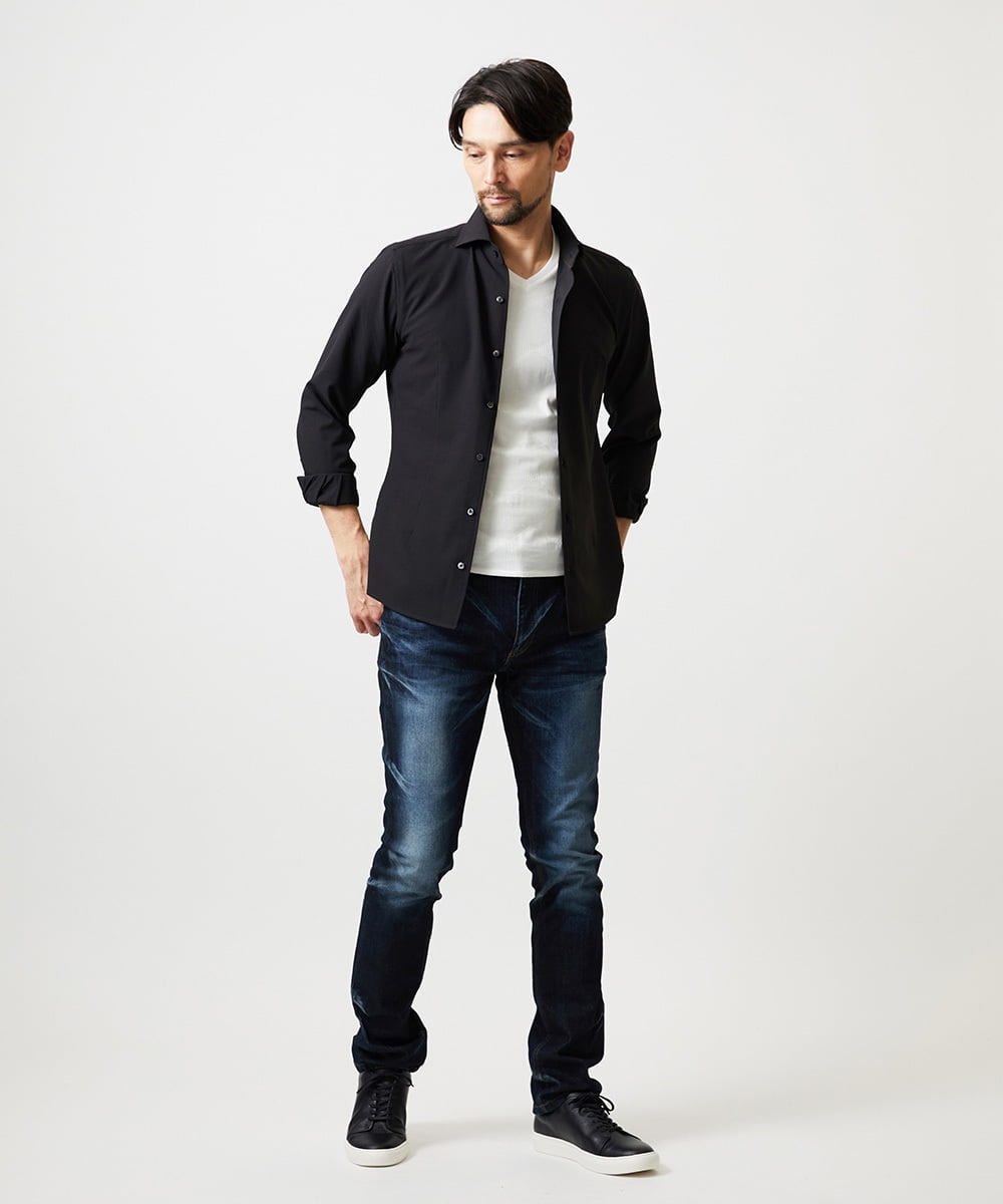 MNBGF56210 MICHEL KLEIN HOMME(ミッシェルクラン オム) ストレッチサッカー長袖シャツ ブラック