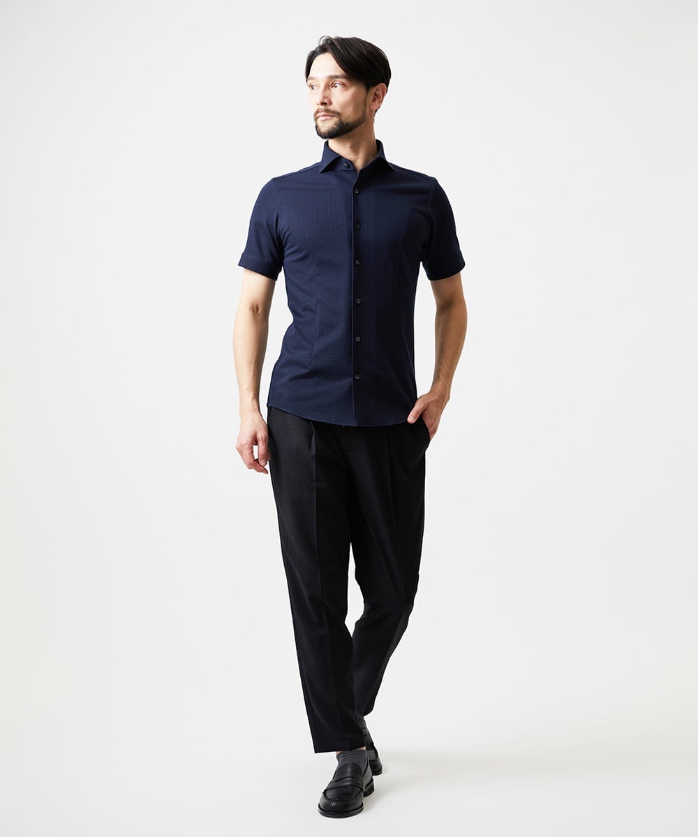MNBGF65200 MICHEL KLEIN HOMME(ミッシェルクラン オム) 《日本製》ブロックイージーケア半袖シャツ ネイビー