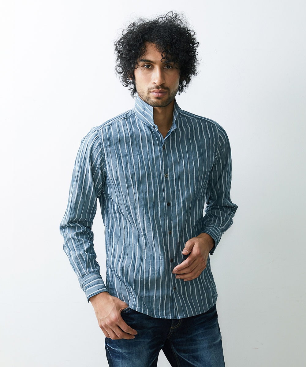 MNBGS23200 MICHEL KLEIN HOMME(ミッシェルクラン オム) ストライプタックスタンドシャツ  ブルー(55)