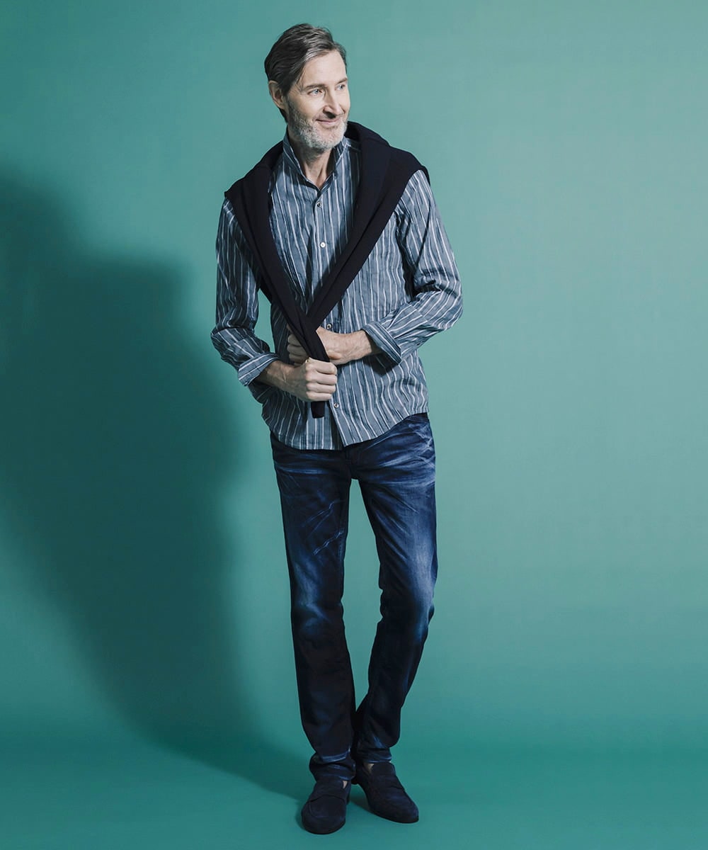 MNBGS23200 MICHEL KLEIN HOMME(ミッシェルクラン オム) ストライプタックスタンドシャツ  ブルー(55)