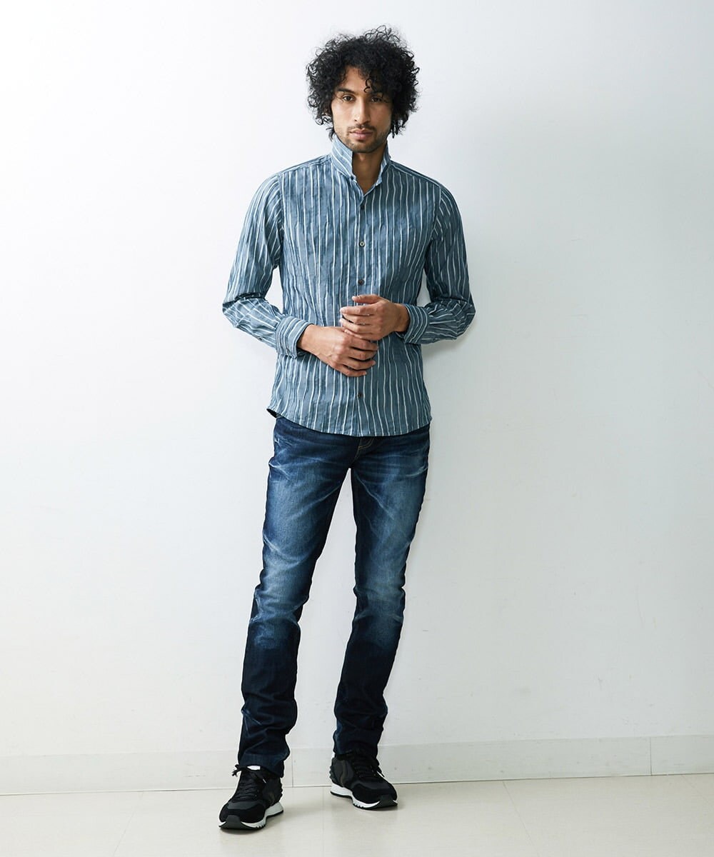 MNBGS23200 MICHEL KLEIN HOMME(ミッシェルクラン オム) ストライプタックスタンドシャツ  ブルー(55)