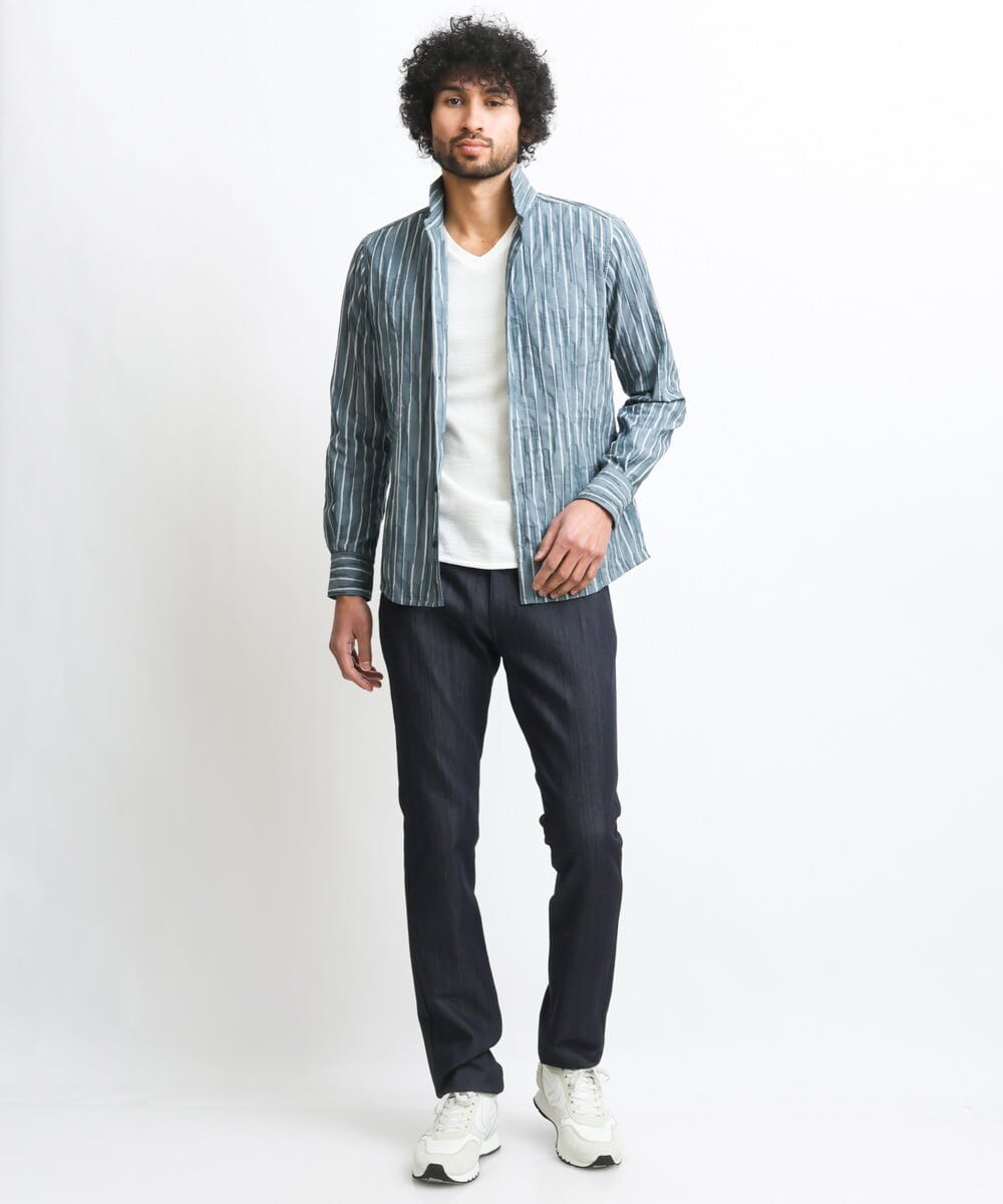 MNBGS23200 MICHEL KLEIN HOMME(ミッシェルクラン オム) ストライプタックスタンドシャツ  ブルー(55)