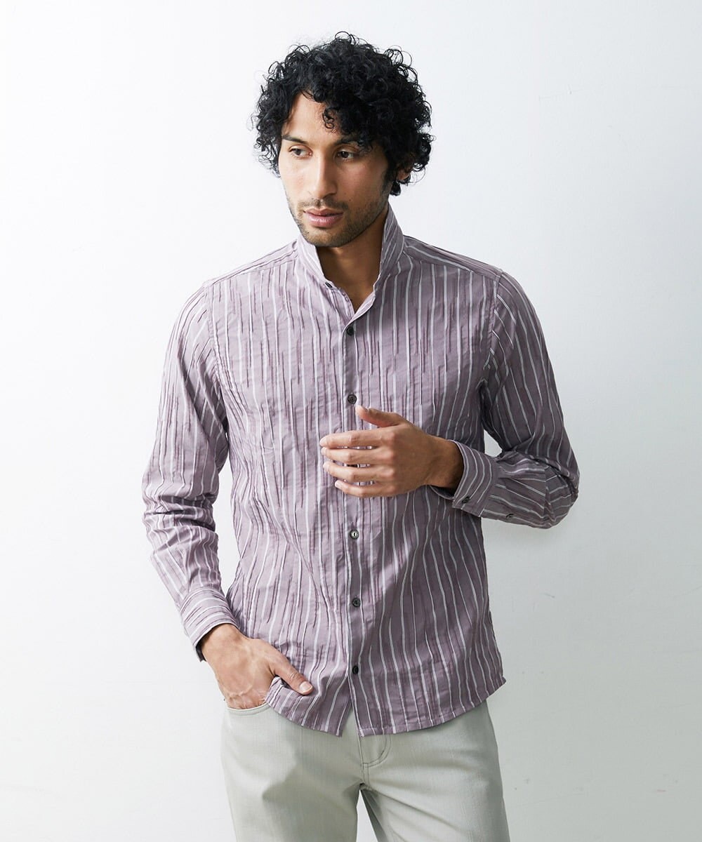 MNBGS23200 MICHEL KLEIN HOMME(ミッシェルクラン オム) ストライプタックスタンドシャツ  パープル(63)
