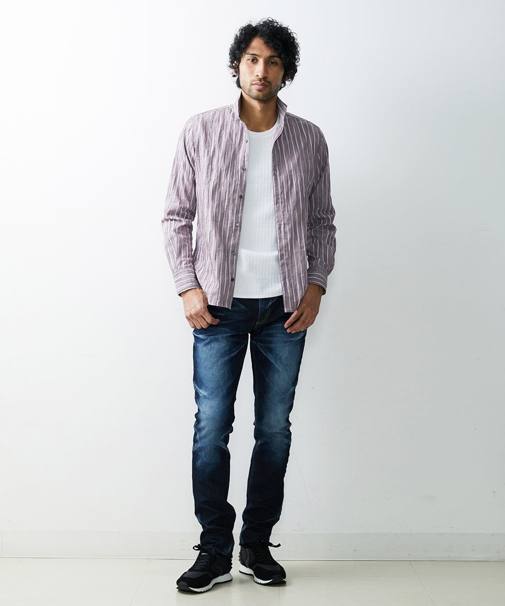 MNBGS23200 MICHEL KLEIN HOMME(ミッシェルクラン オム) ストライプタックスタンドシャツ  パープル(63)