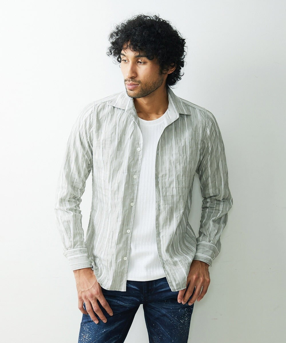 MNBGS24200 MICHEL KLEIN HOMME(ミッシェルクラン オム) ストライプタックシャツ カーキ(36)
