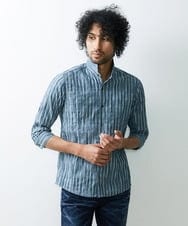 MNBGS33190 MICHEL KLEIN HOMME(ミッシェルクラン オム) ストライプタックスタンド七分シャツ  ブルー