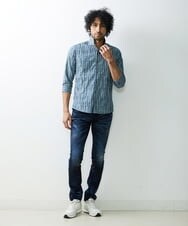 MNBGS33190 MICHEL KLEIN HOMME(ミッシェルクラン オム) ストライプタックスタンド七分シャツ  ブルー(55)