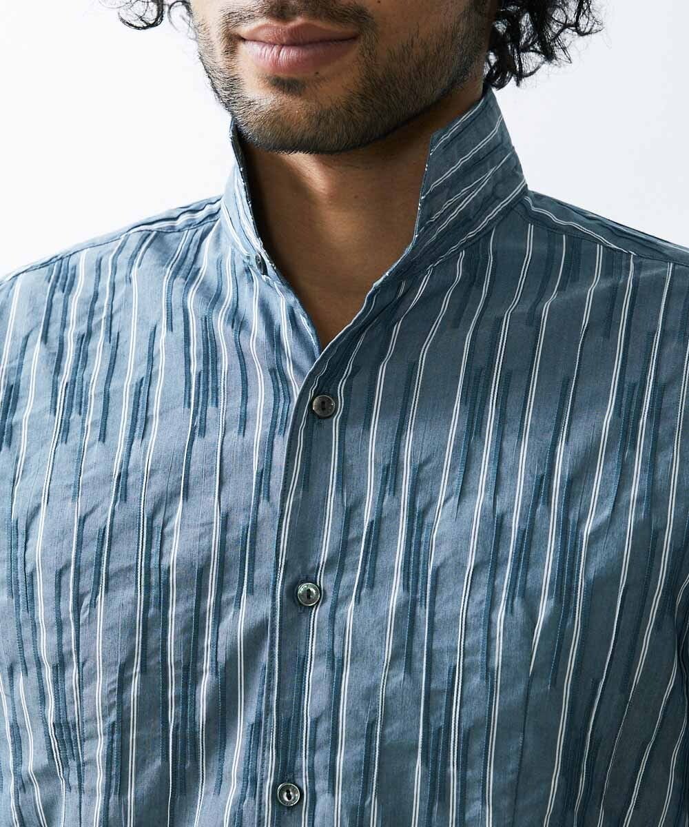 MNBGS33190 MICHEL KLEIN HOMME(ミッシェルクラン オム) ストライプタックスタンド七分シャツ  ブルー