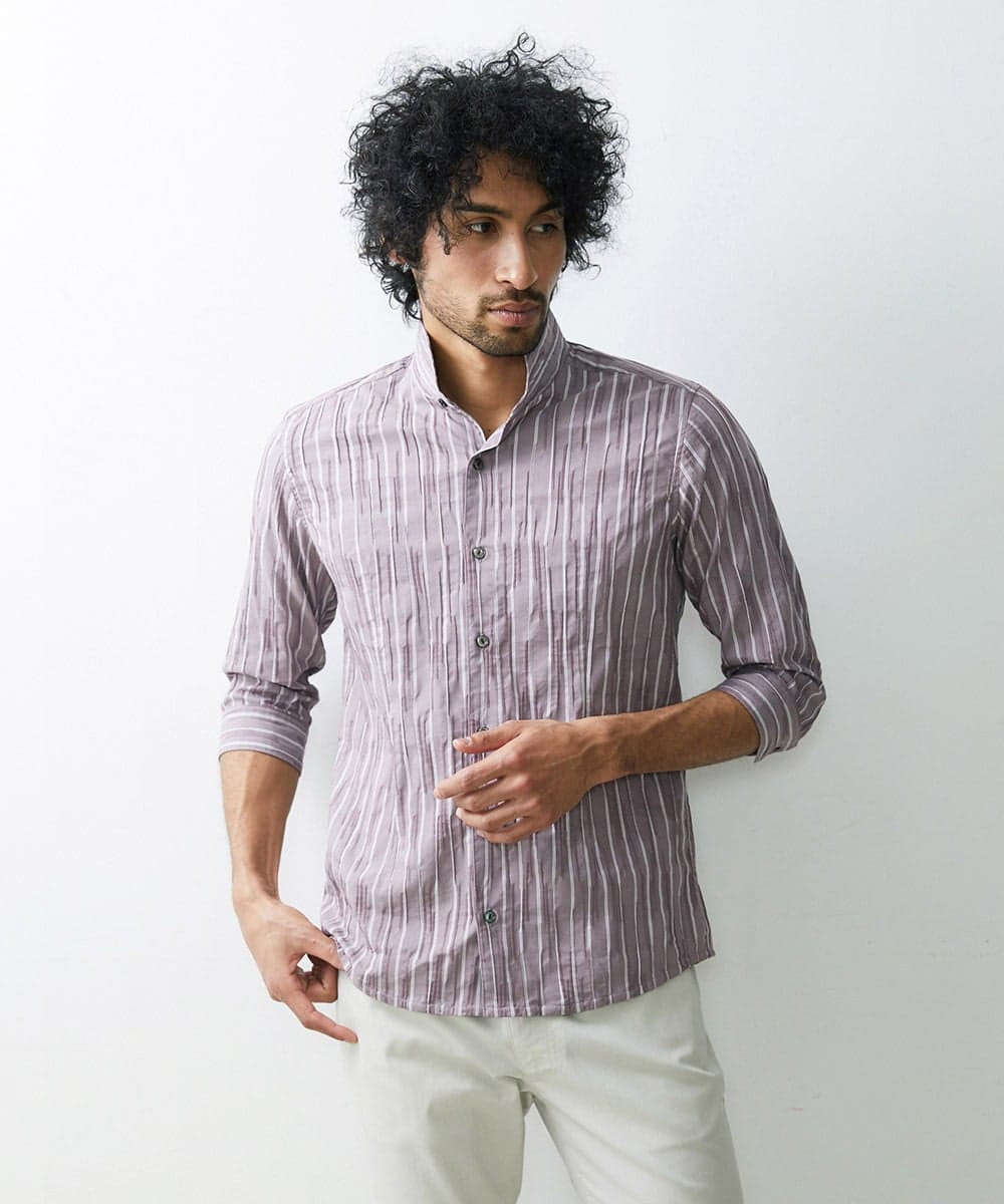 MNBGS33190 MICHEL KLEIN HOMME(ミッシェルクラン オム) ストライプタックスタンド七分シャツ  パープル