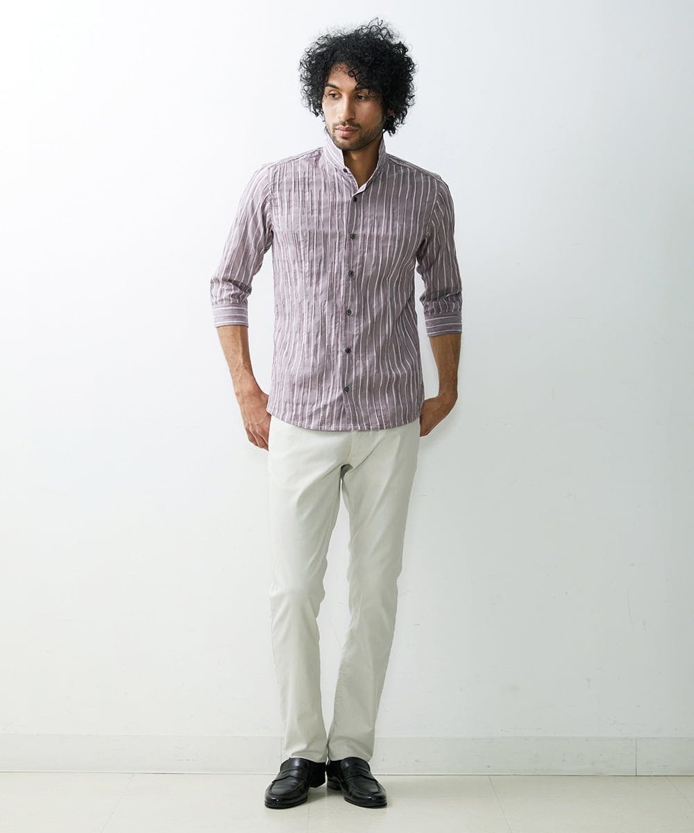 MNBGS33190 MICHEL KLEIN HOMME(ミッシェルクラン オム) ストライプタックスタンド七分シャツ  パープル