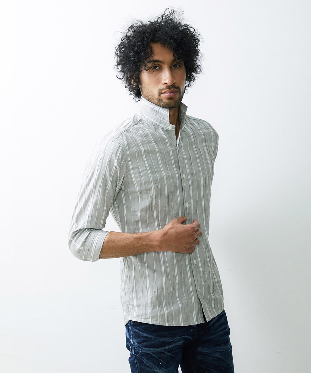 MNBGS34190 MICHEL KLEIN HOMME(ミッシェルクラン オム) ストライプタック七分シャツ カーキ