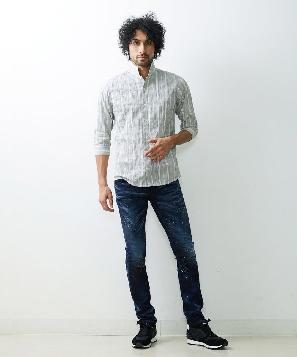 MNBGS34190 MICHEL KLEIN HOMME(ミッシェルクラン オム) ストライプタック七分シャツ カーキ