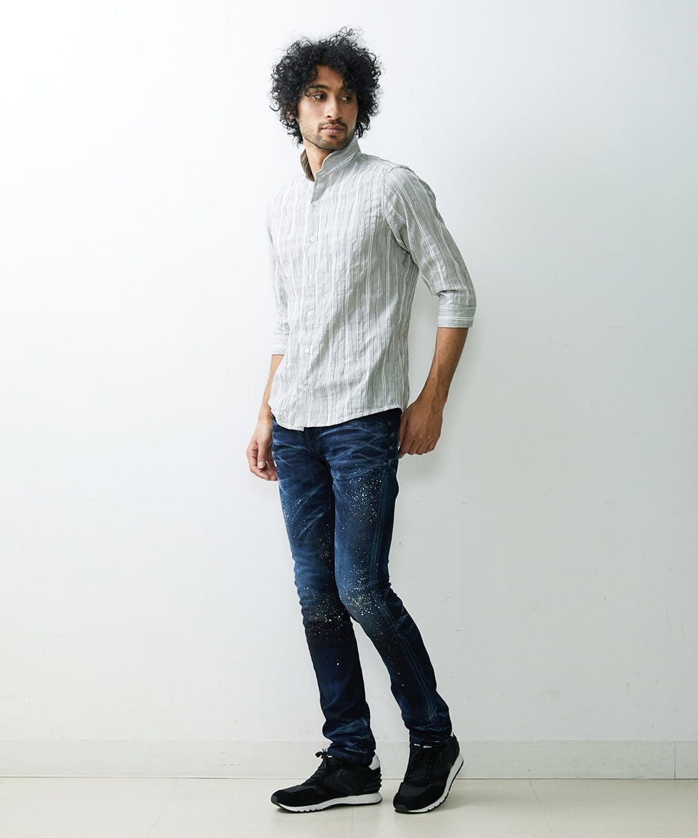 MNBGS34190 MICHEL KLEIN HOMME(ミッシェルクラン オム) ストライプタック七分シャツ カーキ
