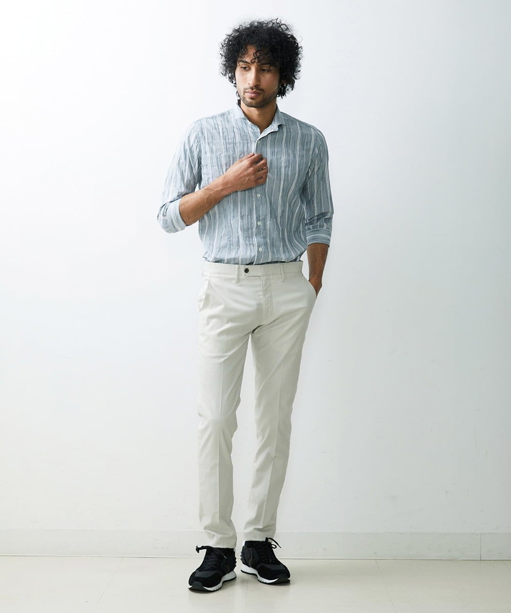 MNBGS34190 MICHEL KLEIN HOMME(ミッシェルクラン オム) ストライプタック七分シャツ ブルー