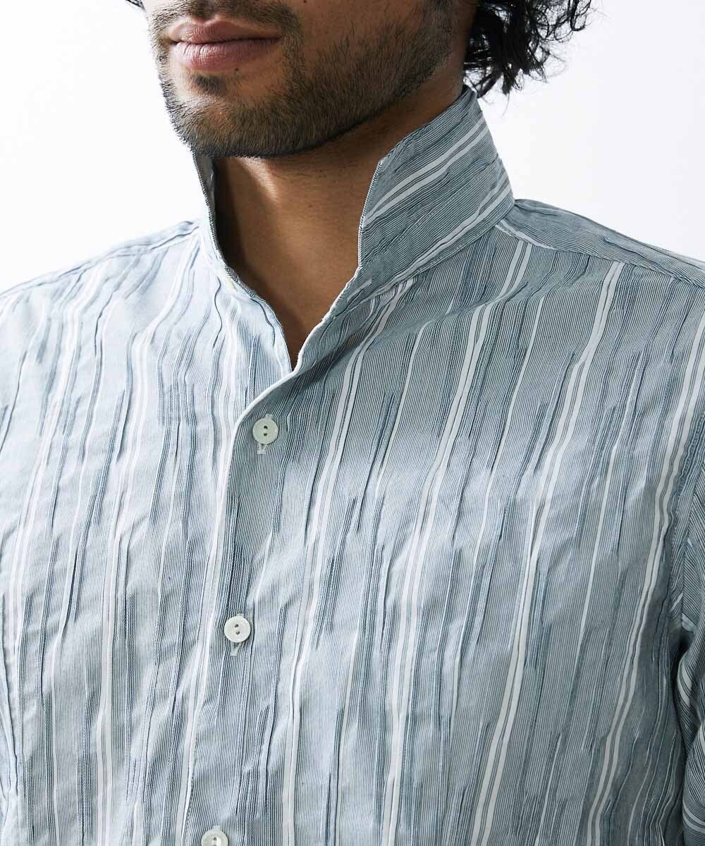 MNBGS34190 MICHEL KLEIN HOMME(ミッシェルクラン オム) ストライプタック七分シャツ ブルー