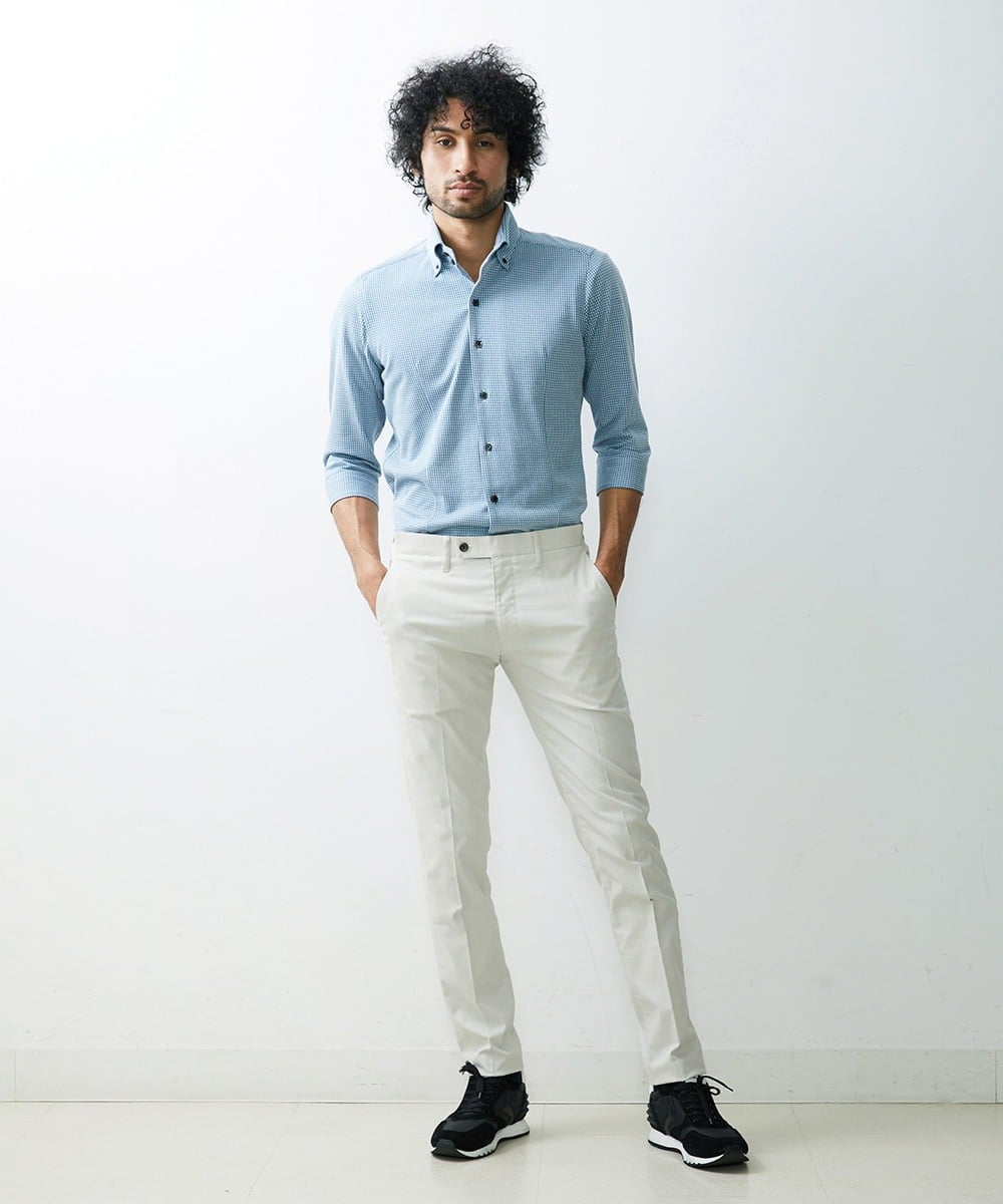 MNBGS47180 MICHEL KLEIN HOMME(ミッシェルクラン オム) 《日本製》千鳥柄イージーケア七分シャツ グリーン