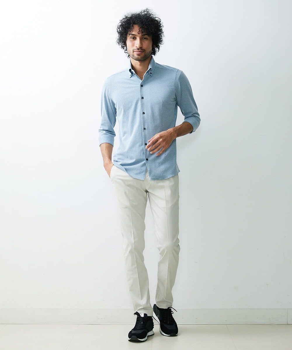 MNBGS47180 MICHEL KLEIN HOMME(ミッシェルクラン オム) 《日本製》千鳥柄イージーケア七分シャツ グリーン