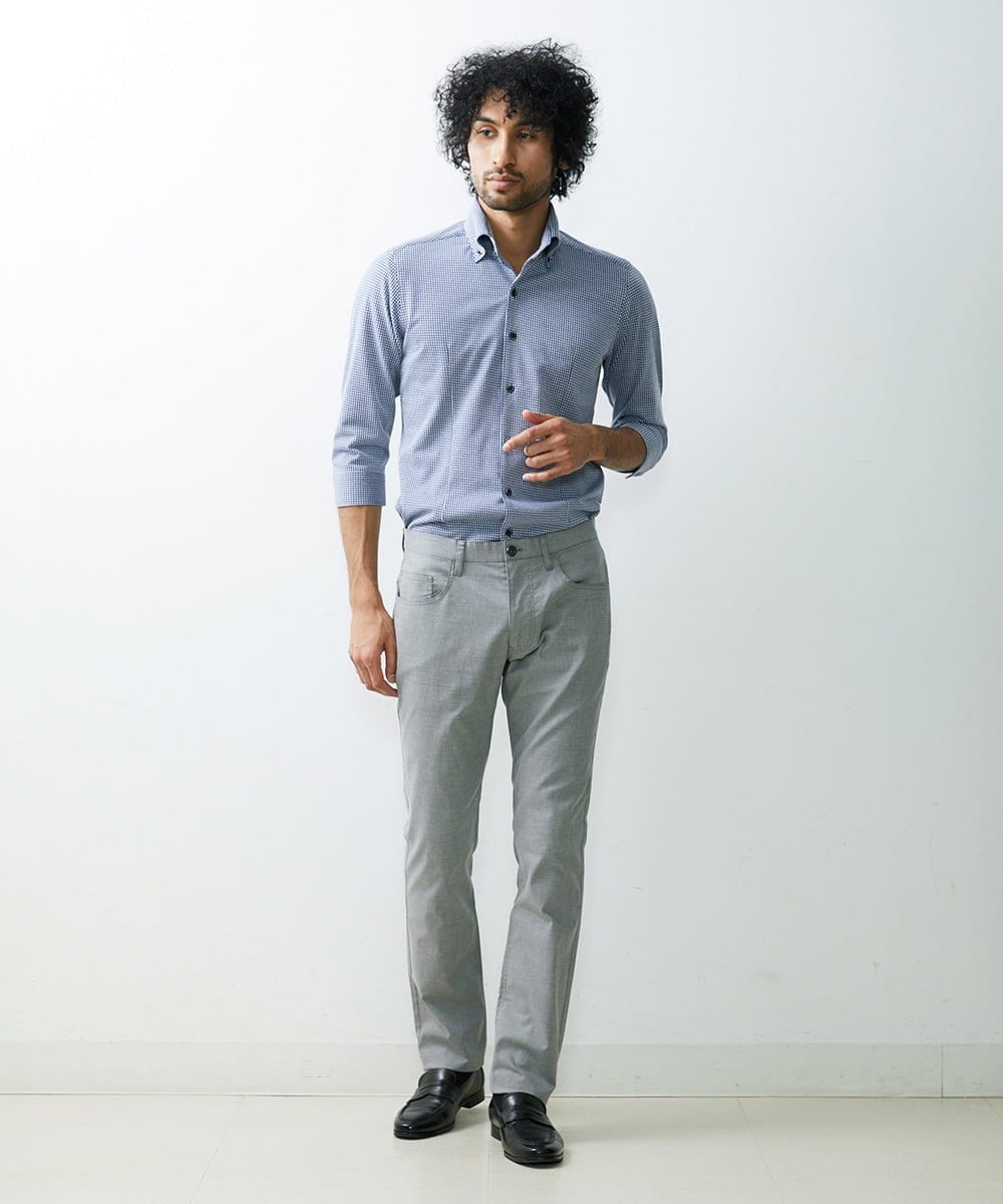 MNBGS47180 MICHEL KLEIN HOMME(ミッシェルクラン オム) 《日本製》千鳥柄イージーケア七分シャツ ブルー(56)