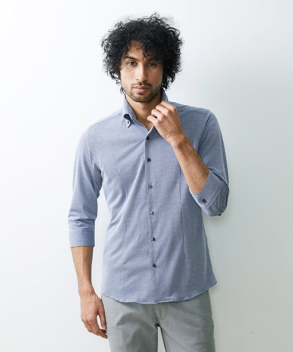 MNBGS47180 MICHEL KLEIN HOMME(ミッシェルクラン オム) 《日本製》千鳥柄イージーケア七分シャツ ブルー