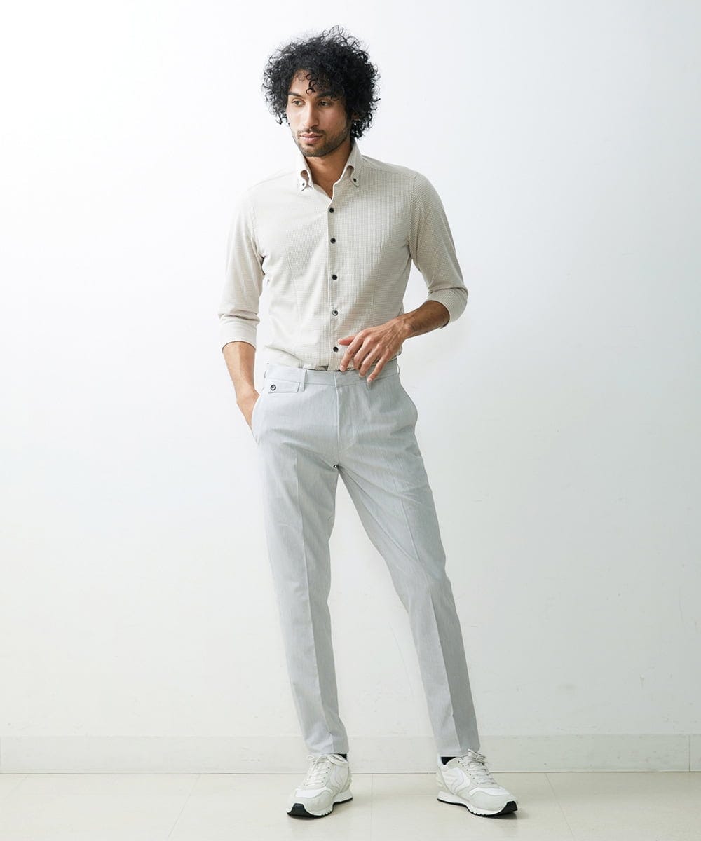 MNBGS47180 MICHEL KLEIN HOMME(ミッシェルクラン オム) 《日本製》千鳥柄イージーケア七分シャツ ベージュ
