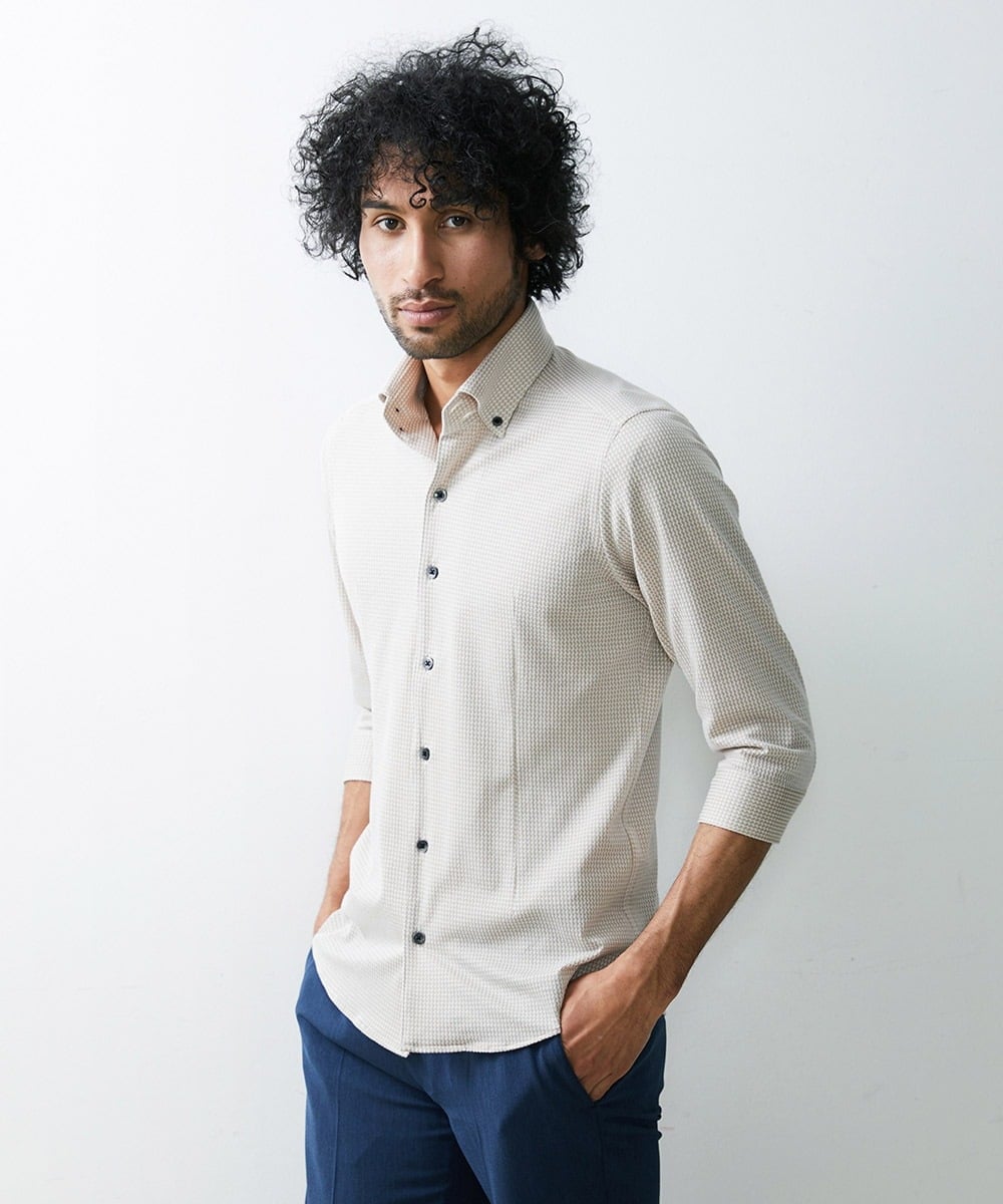 MNBGS47180 MICHEL KLEIN HOMME(ミッシェルクラン オム) 《日本製》千鳥柄イージーケア七分シャツ ベージュ