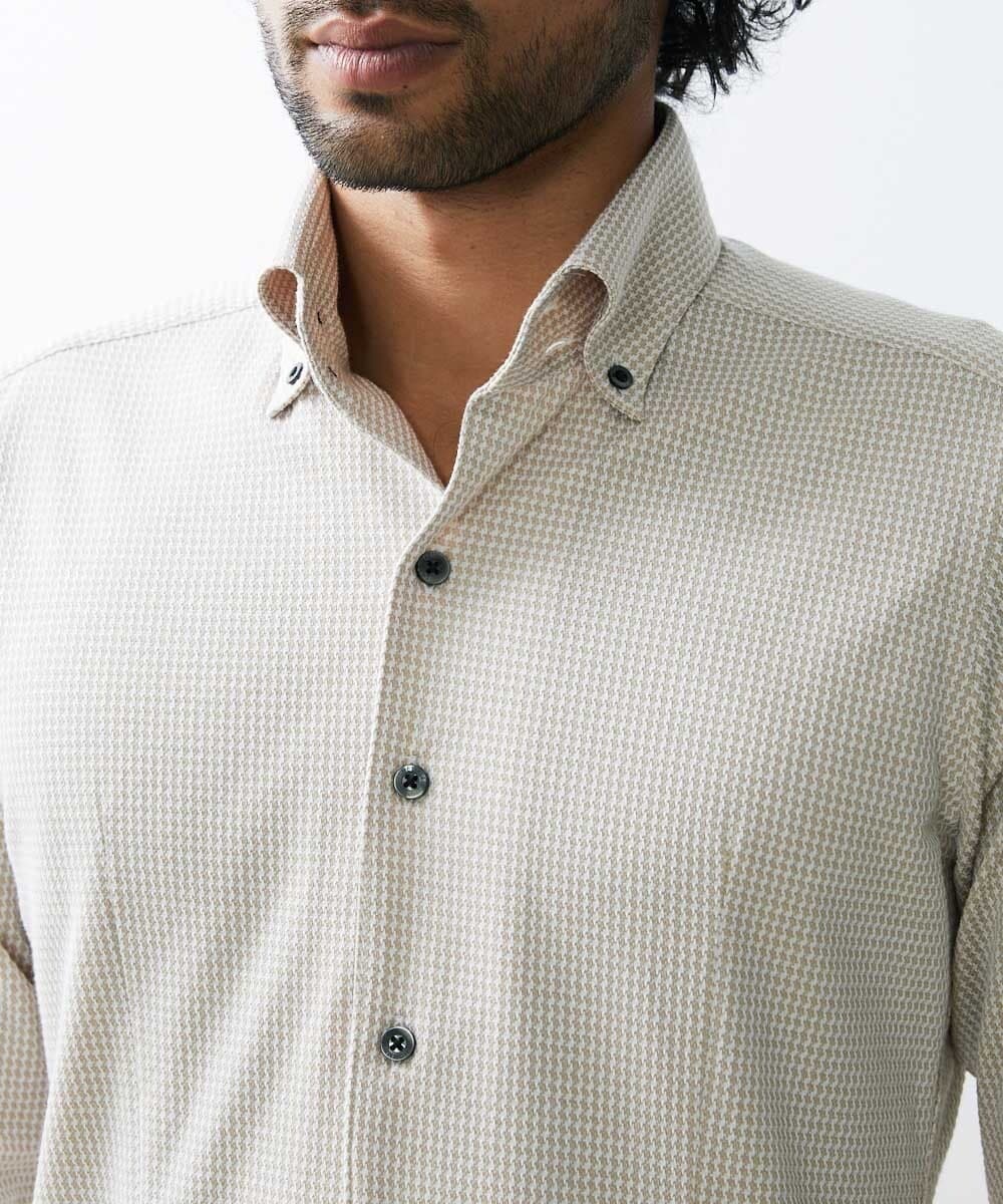 MNBGS47180 MICHEL KLEIN HOMME(ミッシェルクラン オム) 《日本製》千鳥柄イージーケア七分シャツ ベージュ