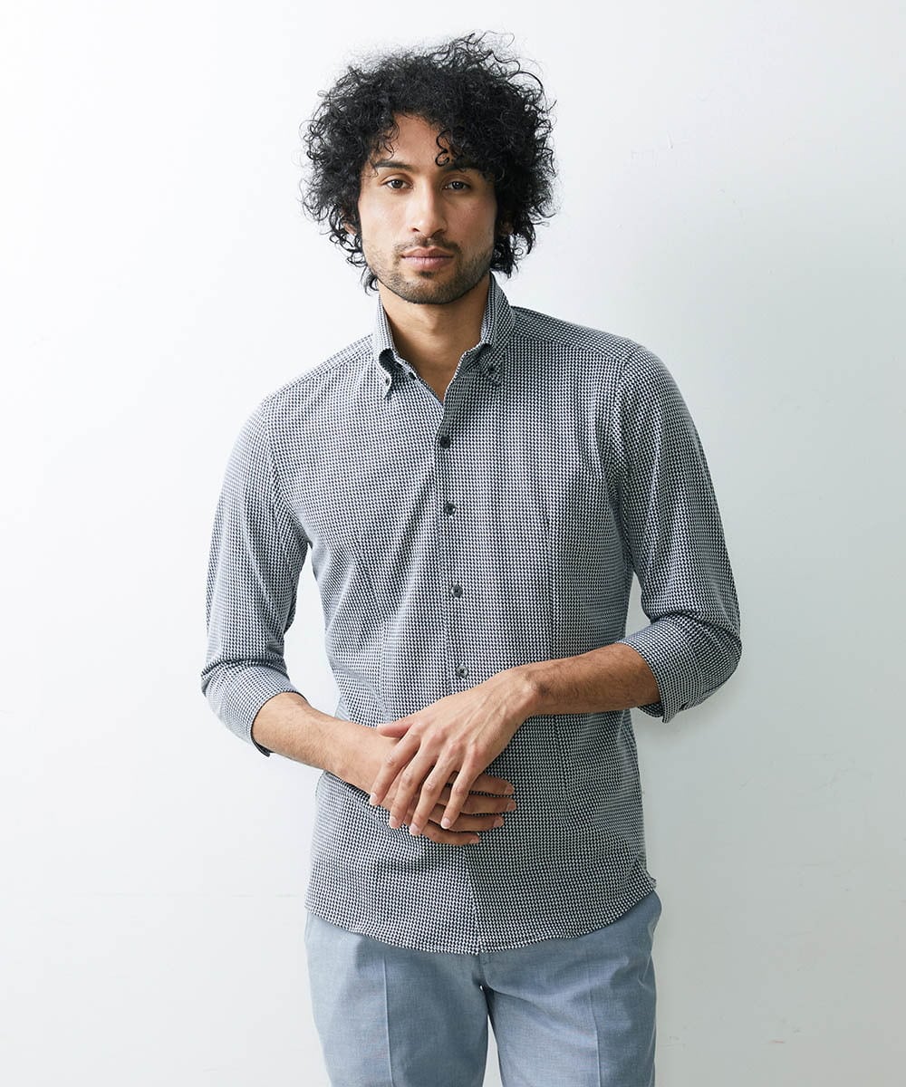 MNBGS47180 MICHEL KLEIN HOMME(ミッシェルクラン オム) 《日本製》千鳥柄イージーケア七分シャツ ブラック