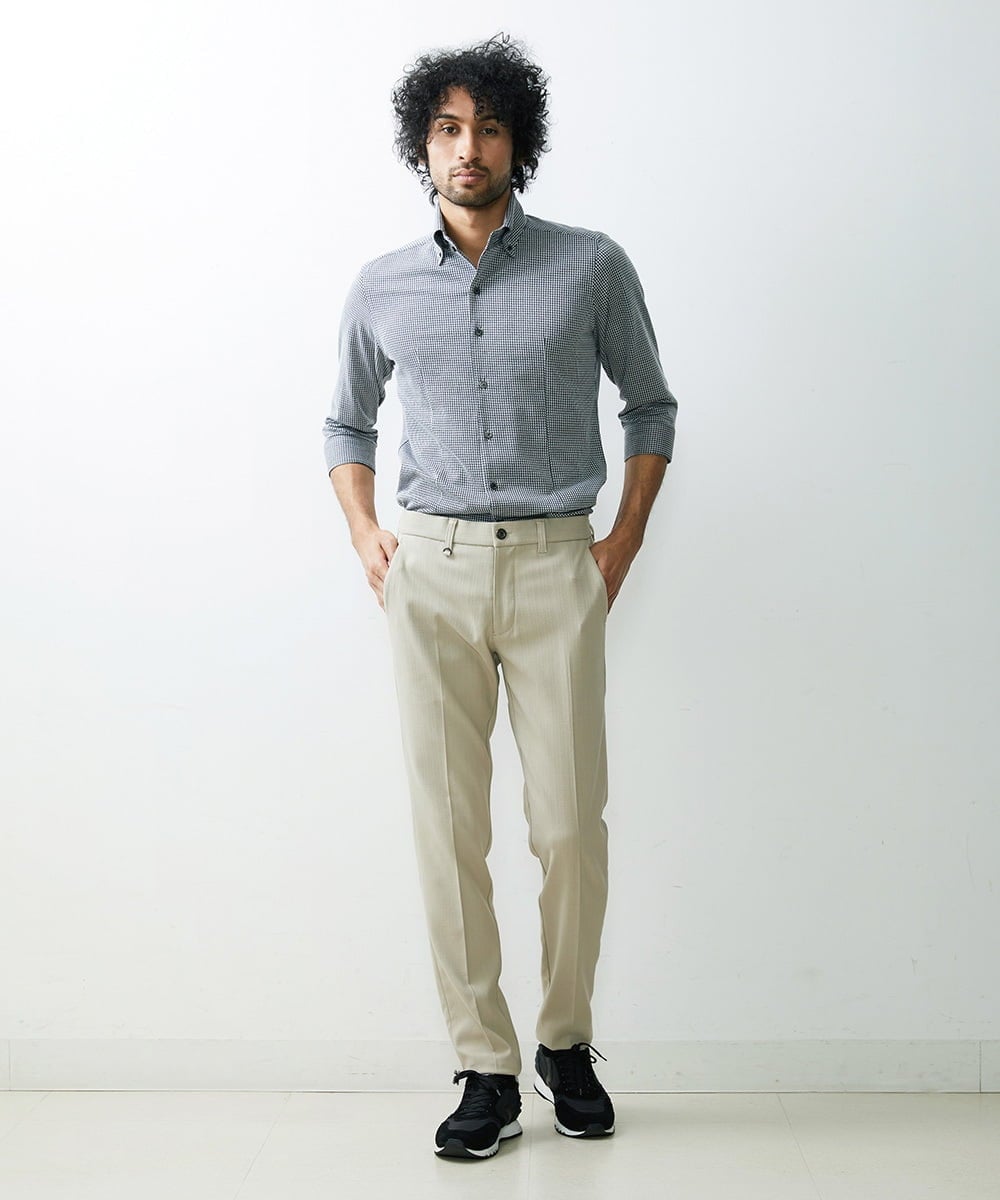 MNBGS47180 MICHEL KLEIN HOMME(ミッシェルクラン オム) 《日本製》千鳥柄イージーケア七分シャツ ブラック