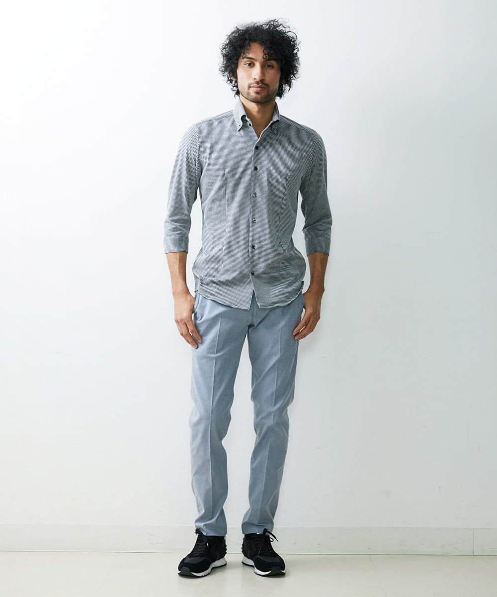 MNBGS47180 MICHEL KLEIN HOMME(ミッシェルクラン オム) 《日本製》千鳥柄イージーケア七分シャツ ブラック