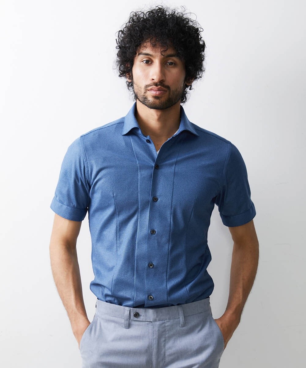 MNBGS54170 MICHEL KLEIN HOMME(ミッシェルクラン オム) ジュエリーストレッチ半袖シャツ ブルー(55)