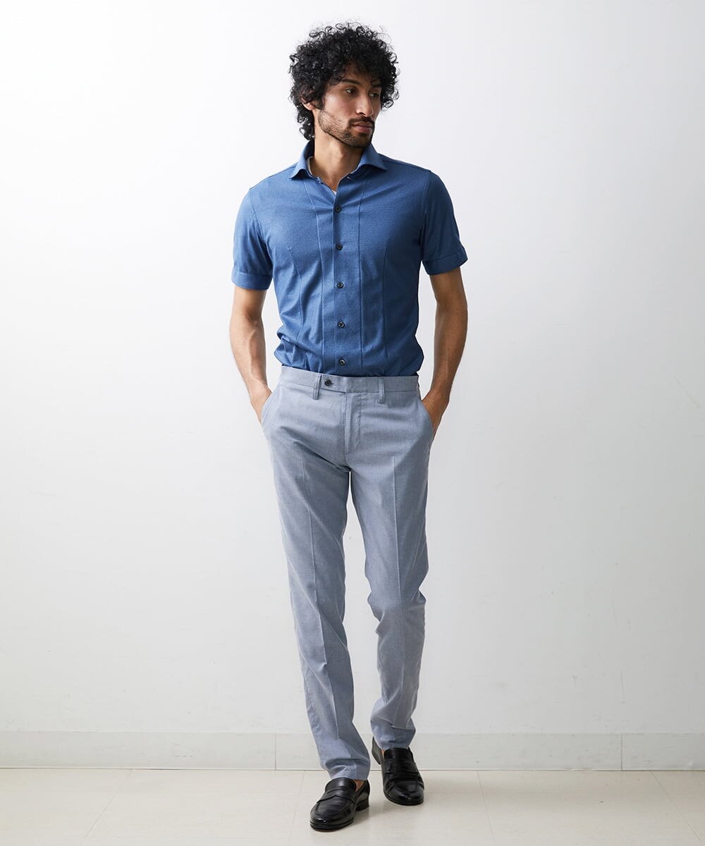 MNBGS54170 MICHEL KLEIN HOMME(ミッシェルクラン オム) ジュエリーストレッチ半袖シャツ ブルー(55)