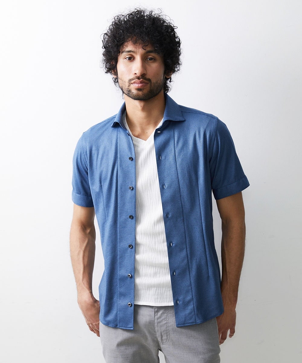MNBGS54170 MICHEL KLEIN HOMME(ミッシェルクラン オム) ジュエリーストレッチ半袖シャツ ブルー(55)
