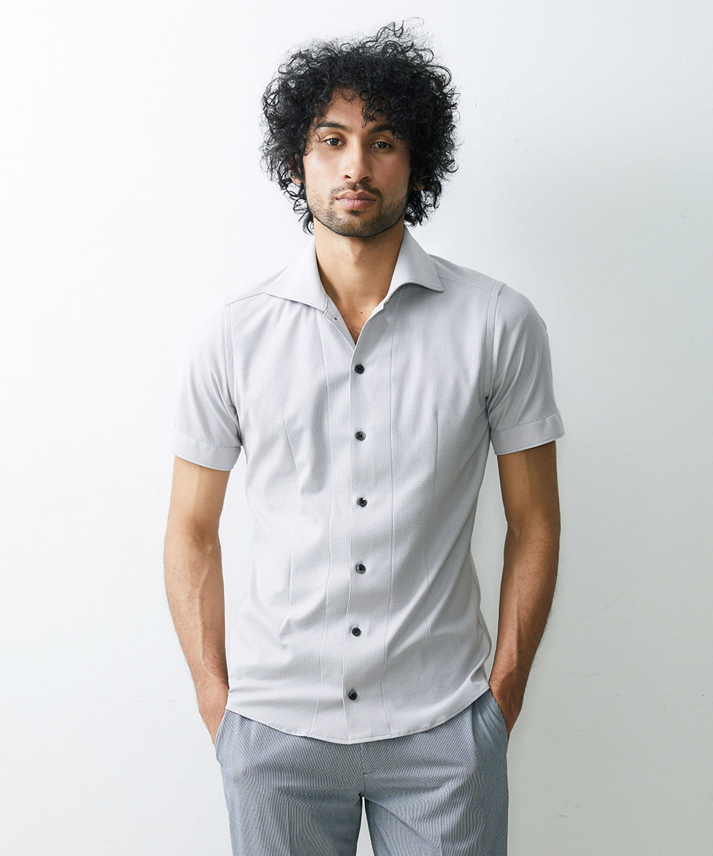 MNBGS54170 MICHEL KLEIN HOMME(ミッシェルクラン オム) ジュエリーストレッチ半袖シャツ ライトグレー(91)